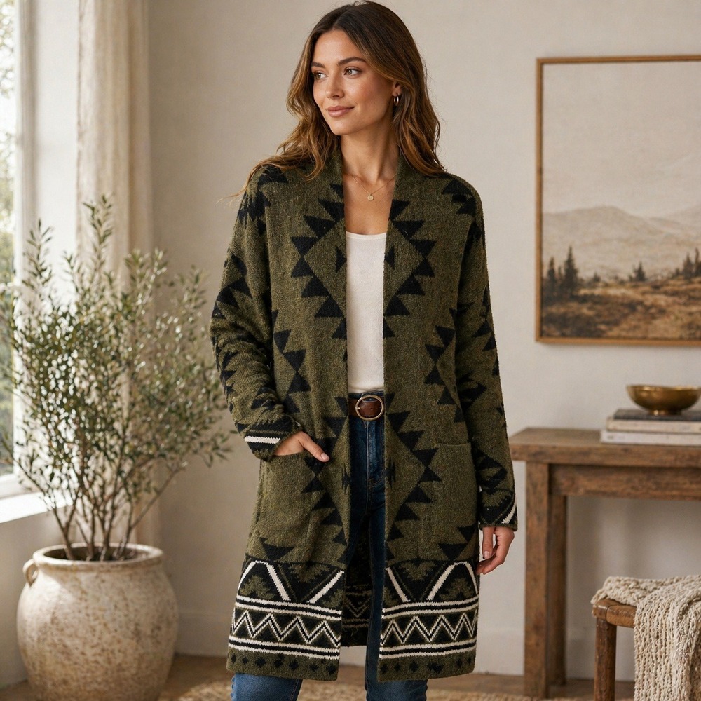Frye Aztec Southwestern Cardigan L Olive Open Front Shawl Longline Boho